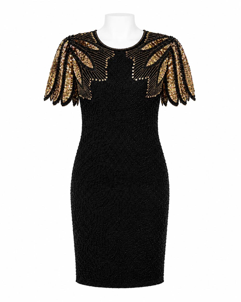Stenay Vintage 80s Black Gold Silk Beaded Sequin Cocktail Party Dress Womens 8